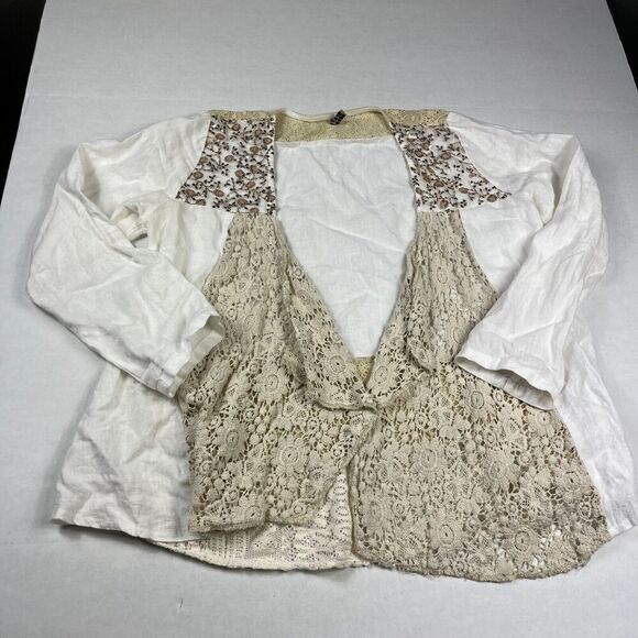 Marilu Womens Linen Blend Jacket White Open Front Lace Sequin Boho SMALL FLAW - Picture 1 of 12